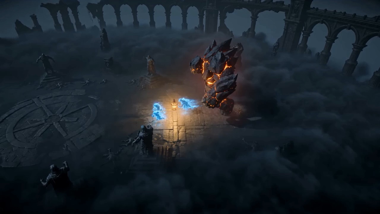 Concept visualization of a stone giant and blue ghosts gathering around a lantern in a ruined arena